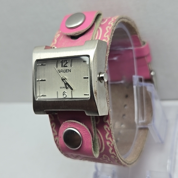 Womens Gruen Silver Quartz Watch Pink Relic Floral Mandela Band New Battery - Picture 2 of 10